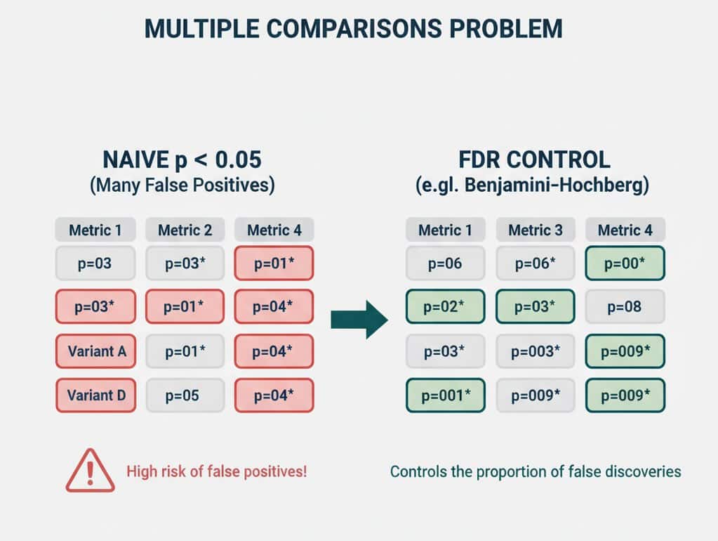 Matrix showing naive multiple testing vs FDR-controlled discoveries