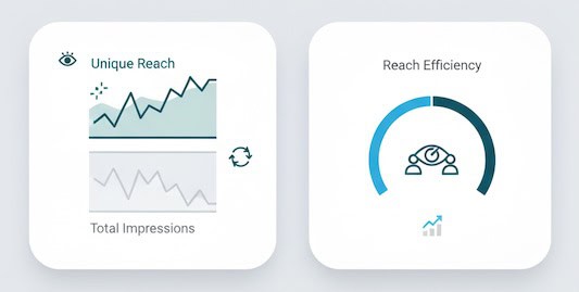 Mini visuals comparing reach to impressions with a reach-efficiency gauge