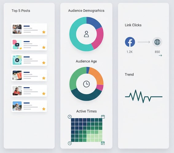 Monthly Facebook review layout showing top posts, audience and active times, and UTM-tracked clicks/leads