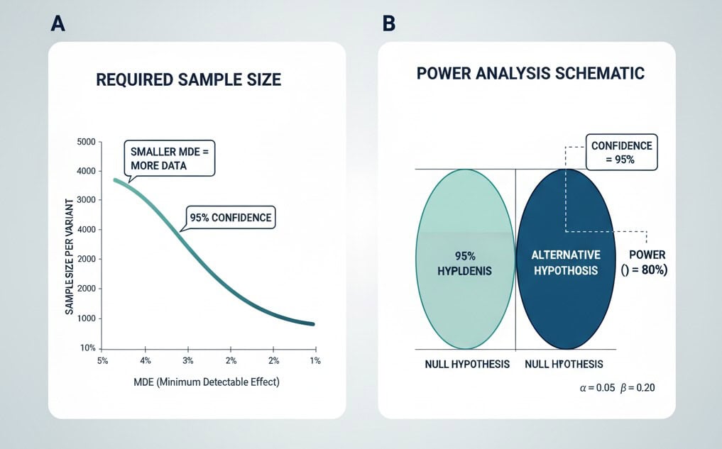 Sample size rises as MDE shrinks; power analysis highlights 95%/80%.