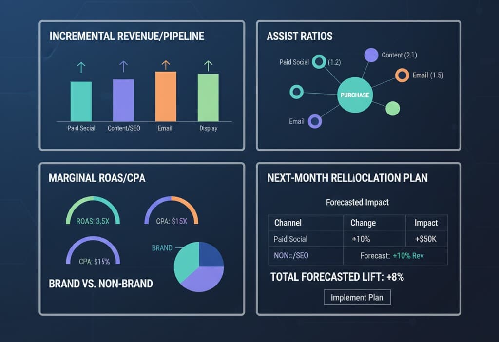 Attribution-driven budget dashboard with marginal returns and assist ratios