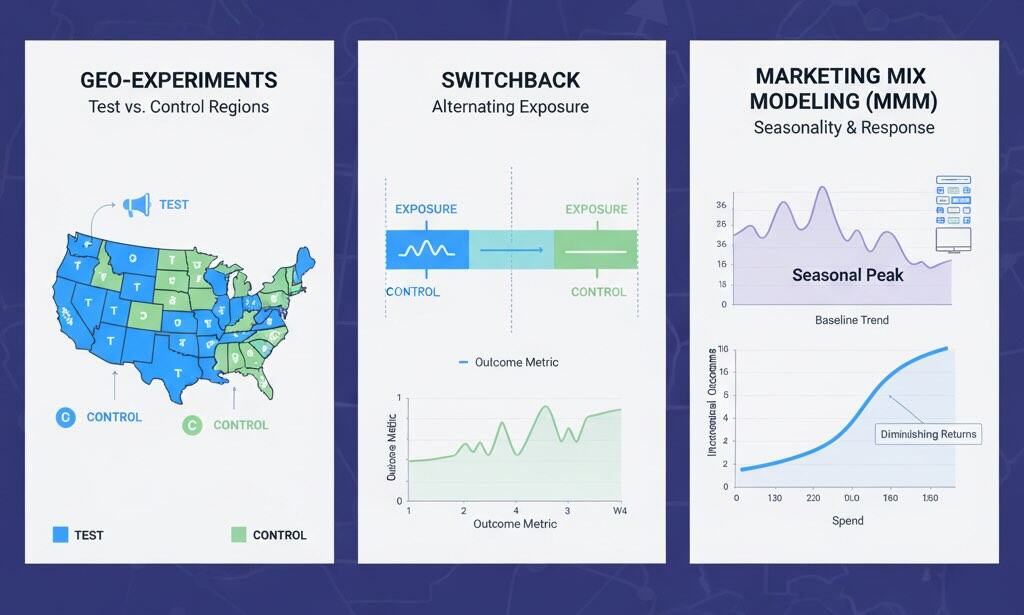 Geo-lift, switchback timeline, and MMM response curve for causal attribution.