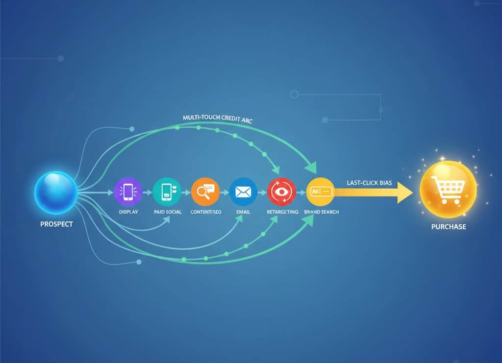 Customer journey with many touchpoints; balanced multi-touch credit vs last-click bias.