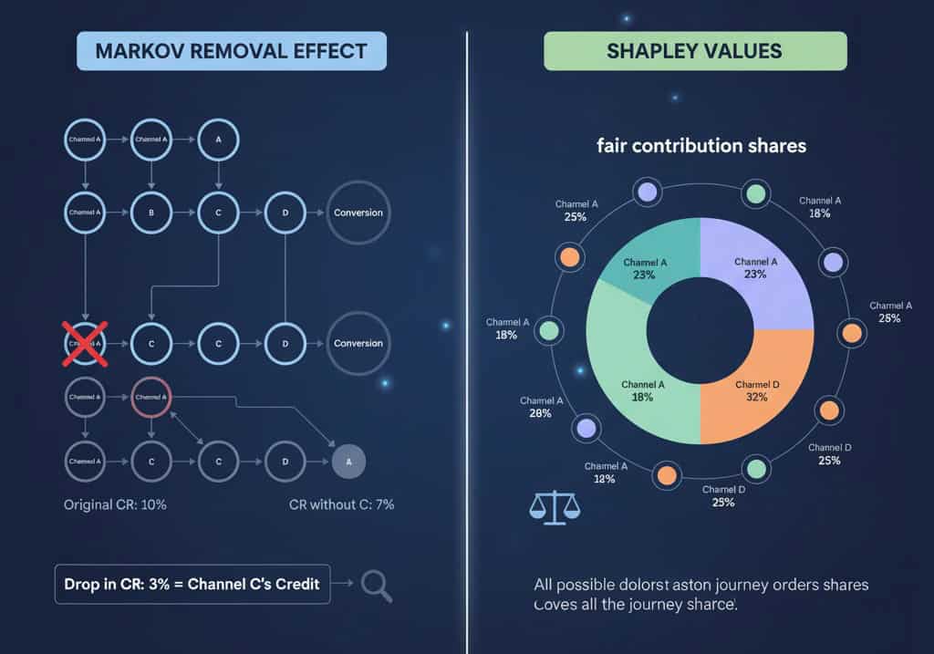 Markov removal effect and Shapley value credit side by side.