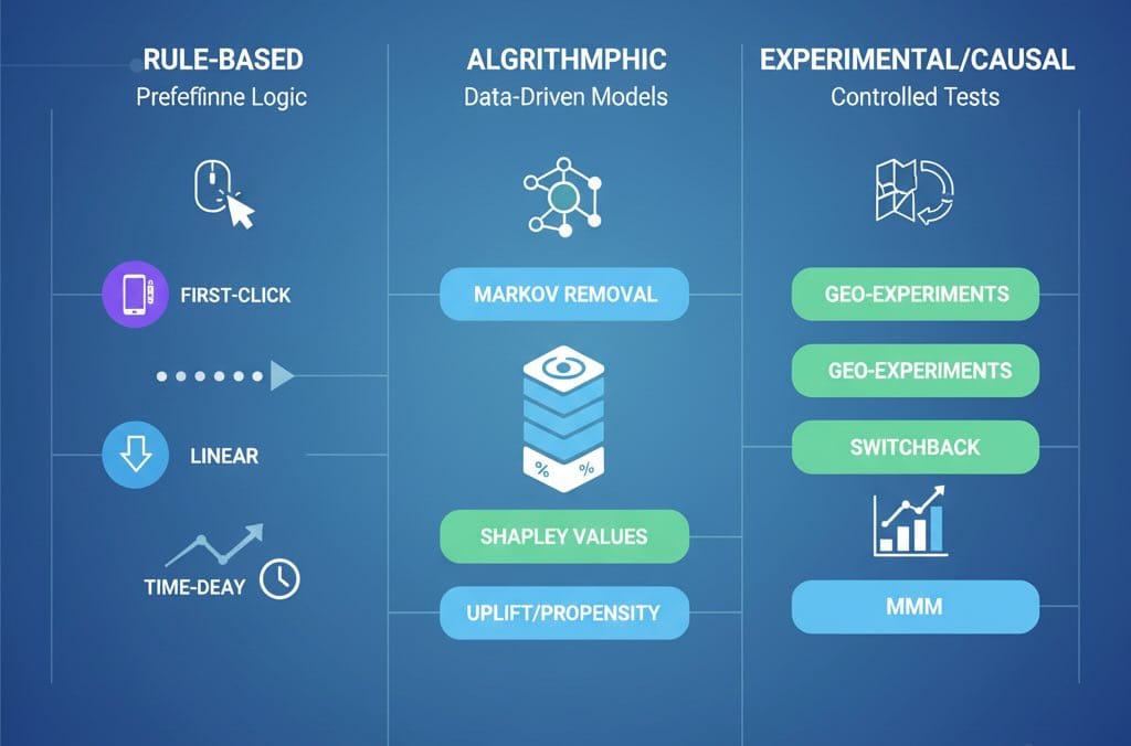 Three-column attribution toolbox: rule-based, algorithmic, and experimental methods