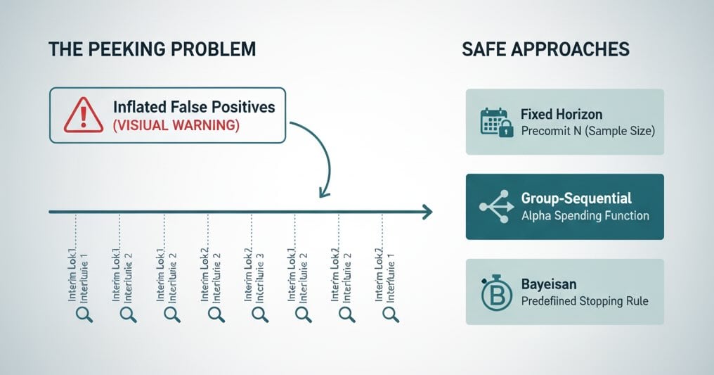Peeking inflates false positives; fixed horizon and sequential methods mitigate