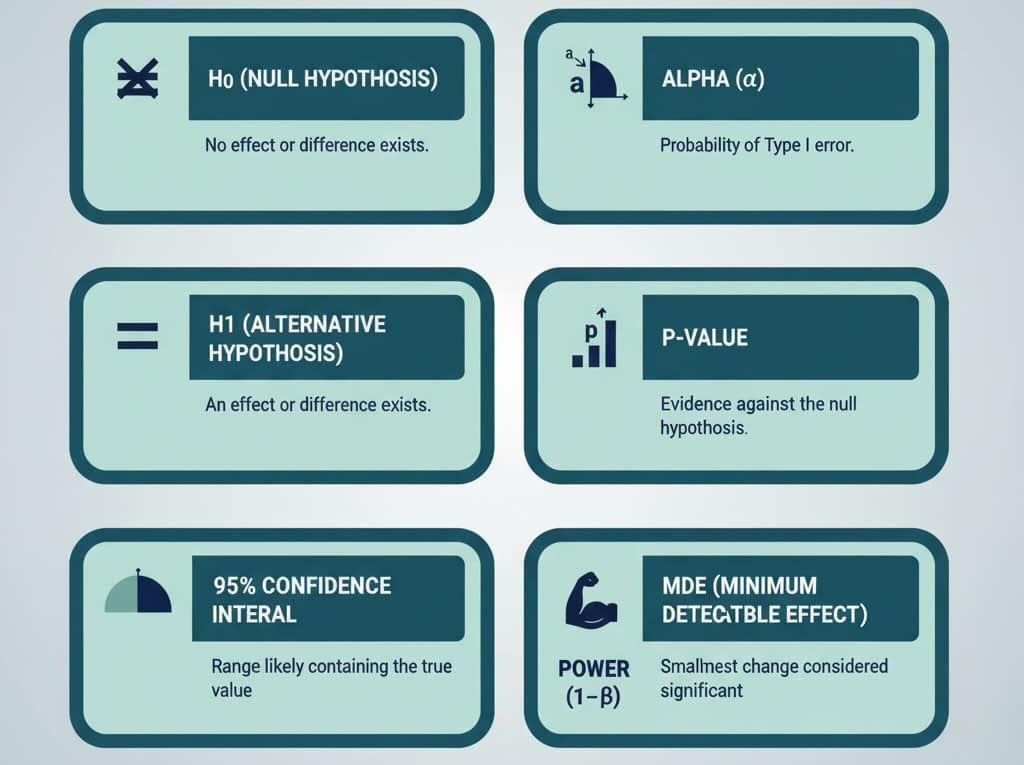 Grid of A/B testing terms: H0, H1, alpha, p-value, CI, power, MDE