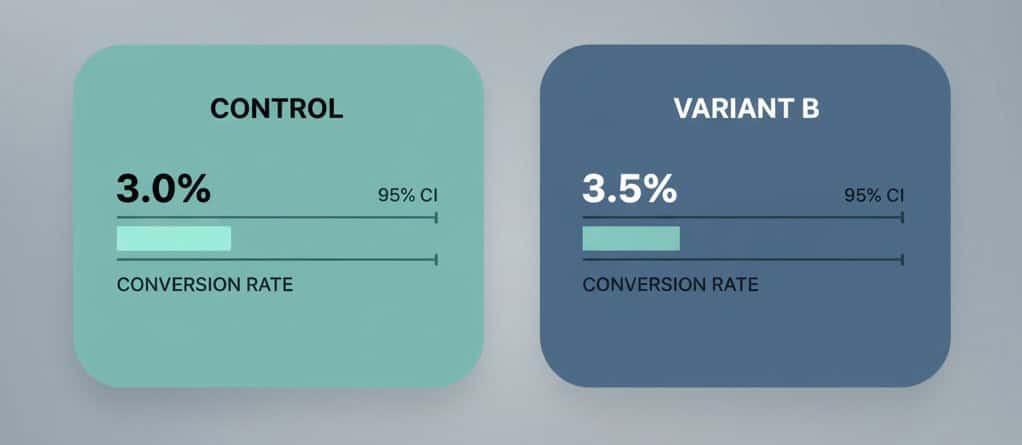 Control vs Variant B with conversion bars and 95% CI whiskers