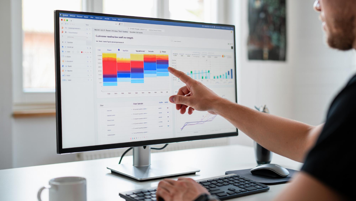 Analyst pointing at engagement metrics dashboard on monitor in office