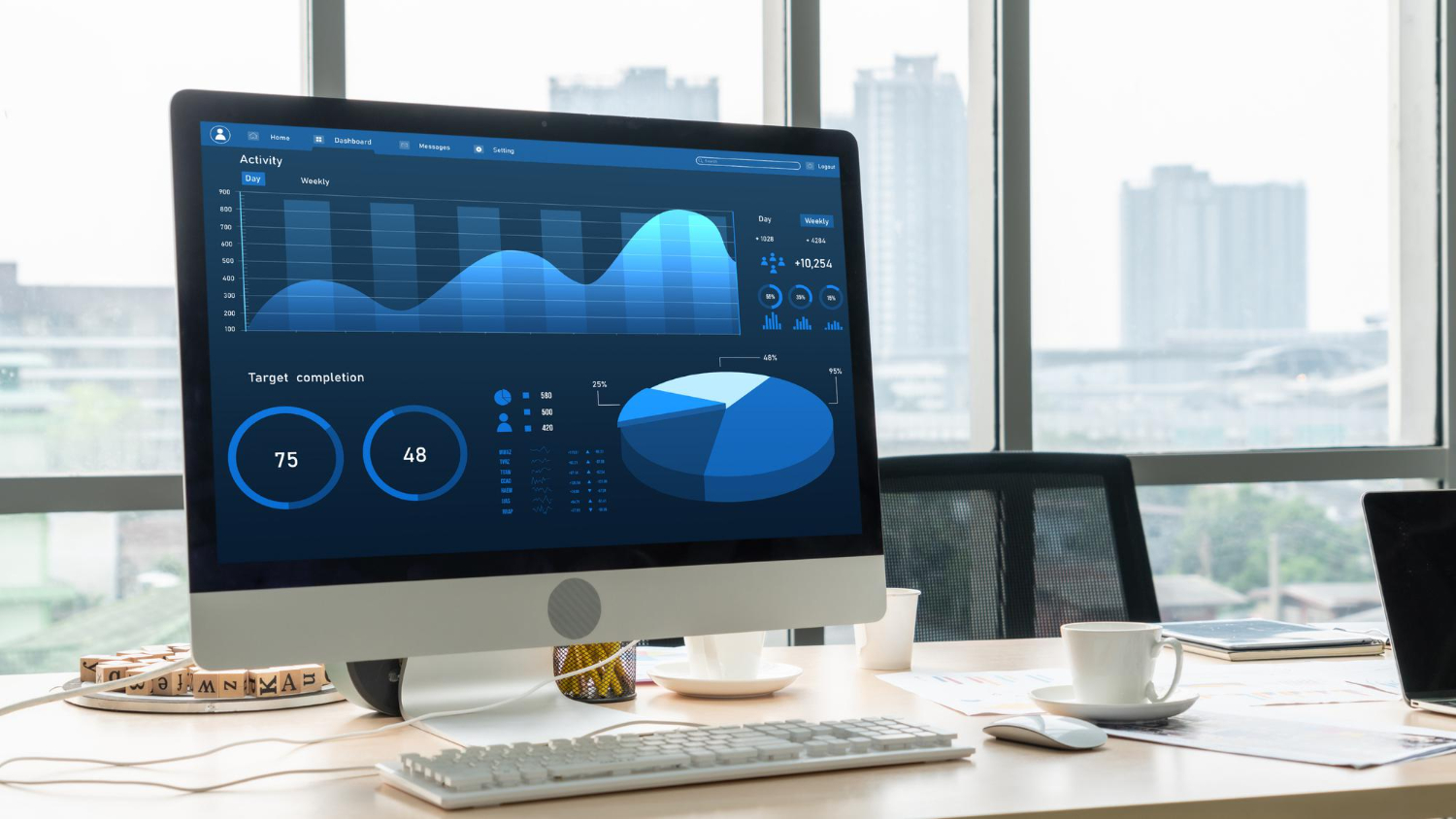Business analytics dashboard displayed on monitor in modern office setting