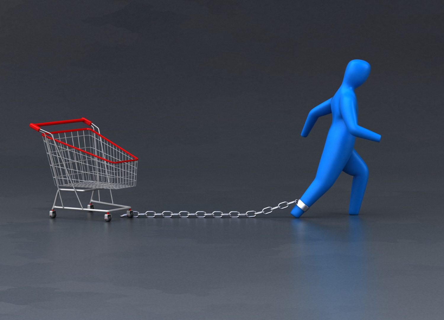 3D illustration of cart abandonment with chain and shopping figure