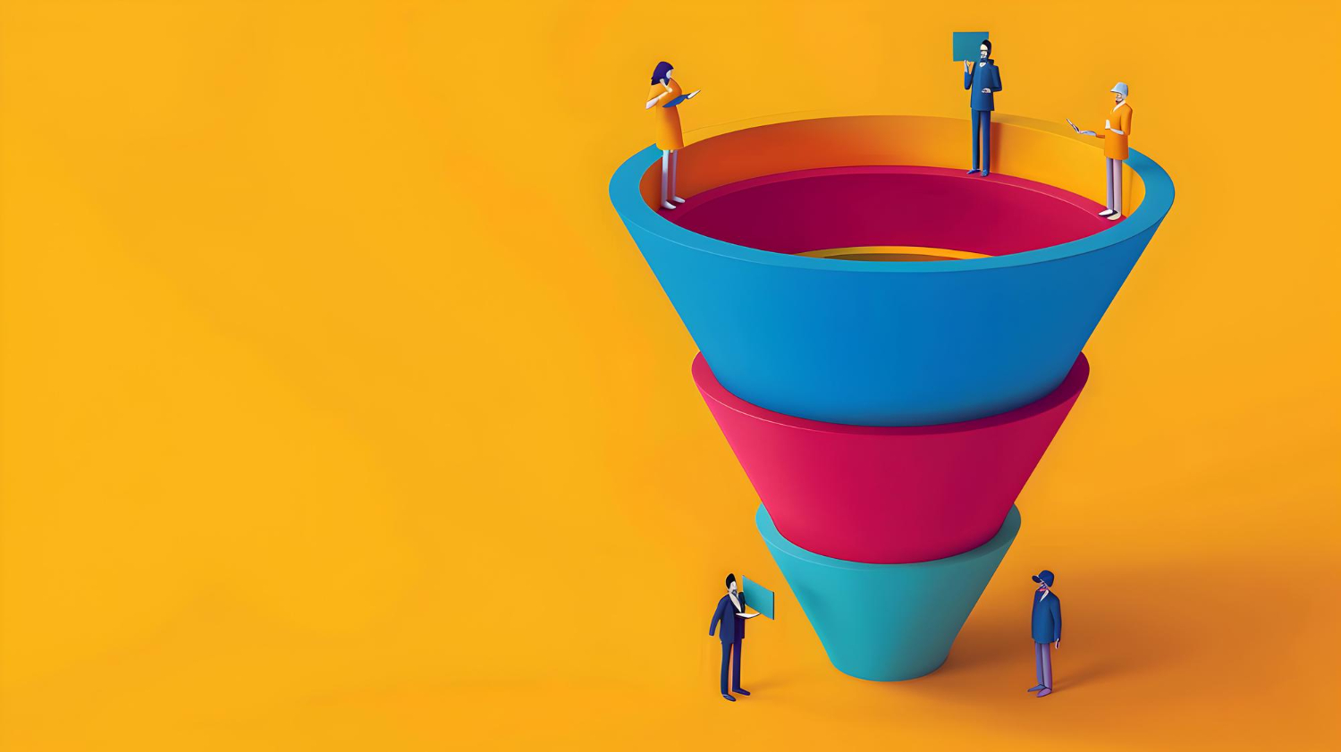 3D conversion funnel illustration showing user drop-off stages