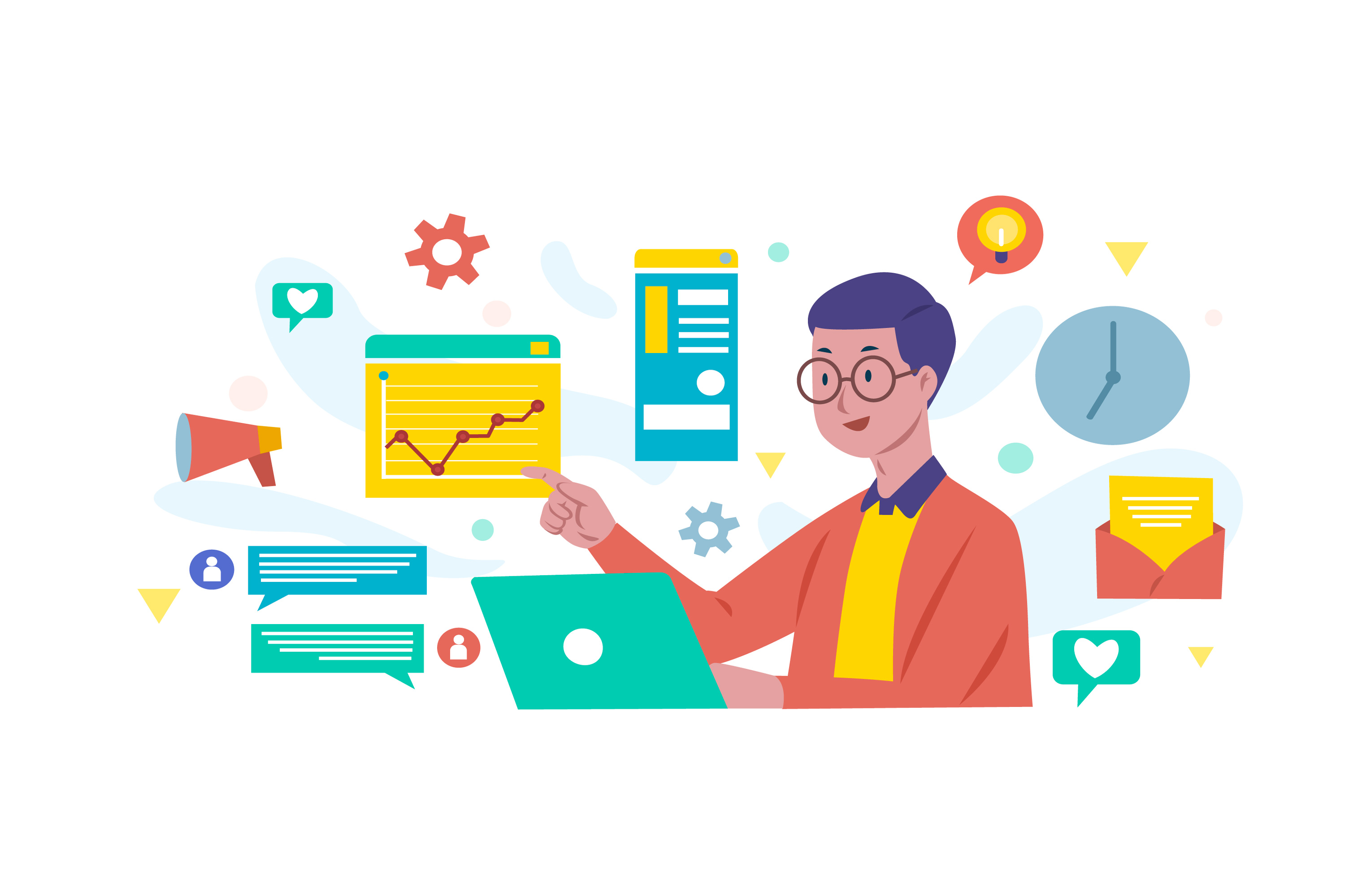 Digital marketer using laptop with analytics and marketing icons