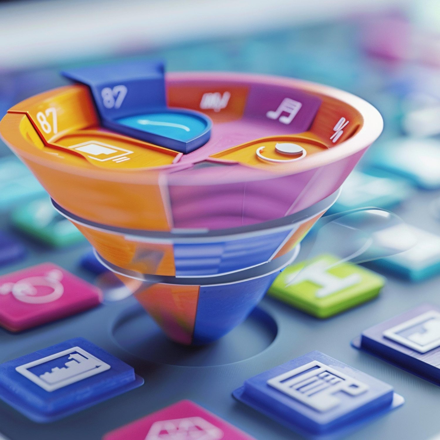 Marketing funnel with colorful app icons representing e-commerce and SaaS funnel analysis