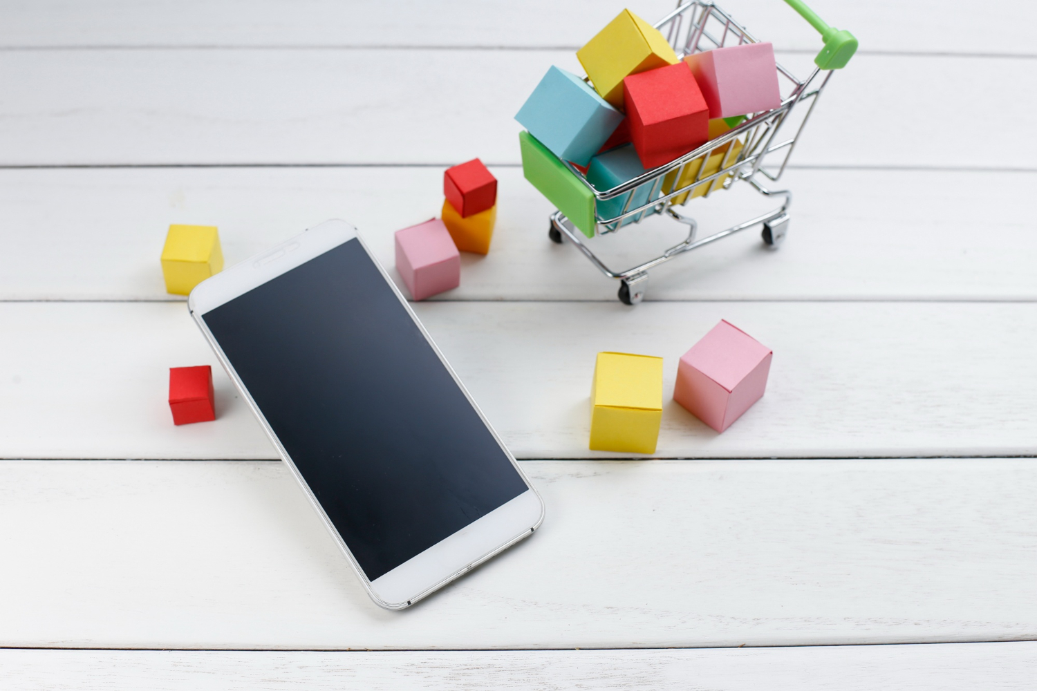 Mobile shopping cart with colorful product blocks