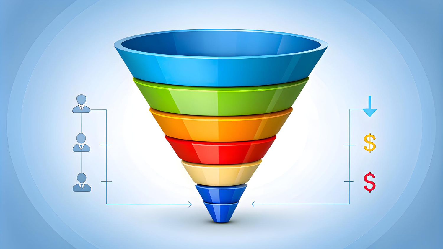 Sales funnel with colorful stages and dollar signs illustrating common funnel analysis mistakes